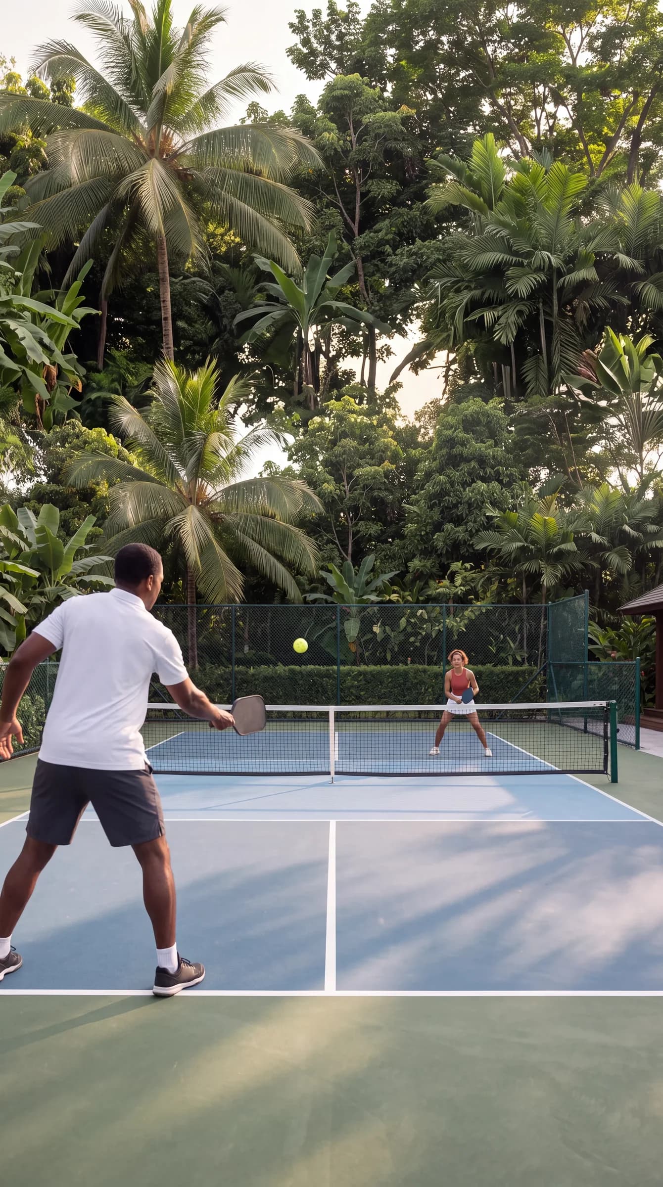 Portrait view of a pickleball court from the baseline
